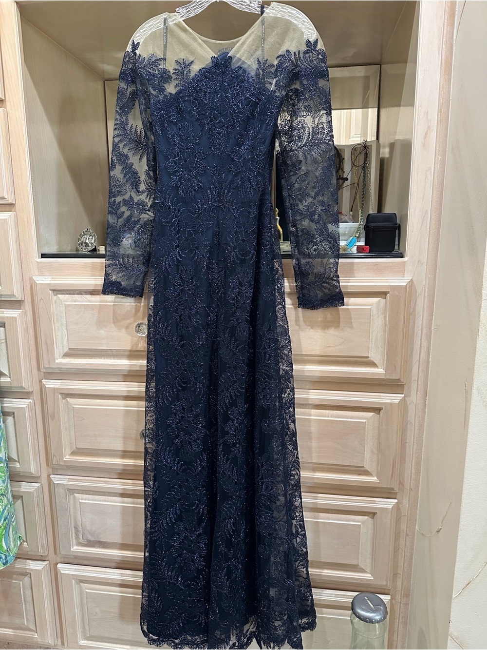Tadashi Shoji Navy Embroidered Long-Sleeve Lace Gown